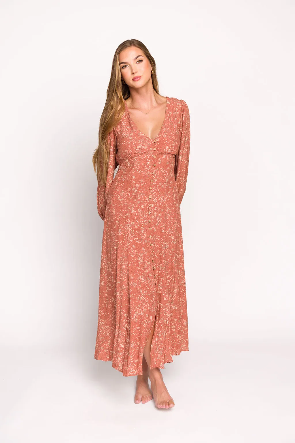 Brandi Long-Sleeve Button-Up Maxi Dress in Rosewood Floral