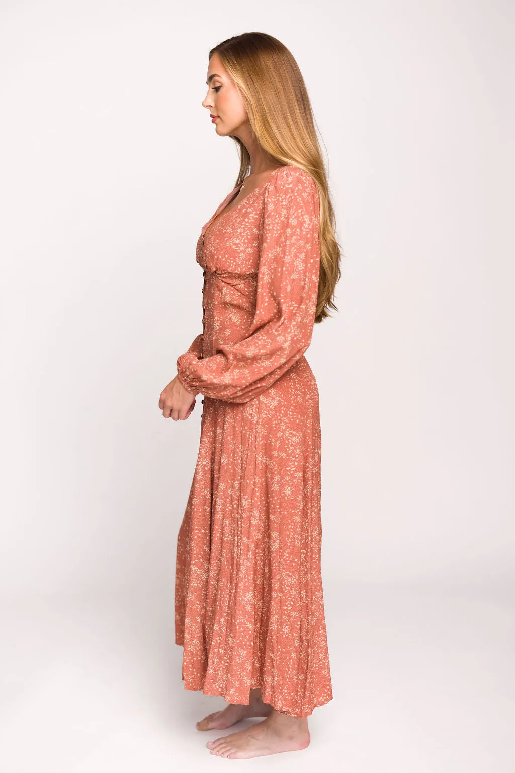 Brandi Long-Sleeve Button-Up Maxi Dress in Rosewood Floral