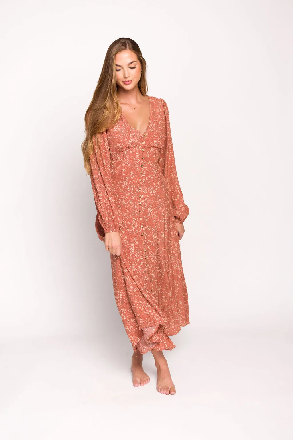 Brandi Long-Sleeve Button-Up Maxi Dress in Rosewood Floral