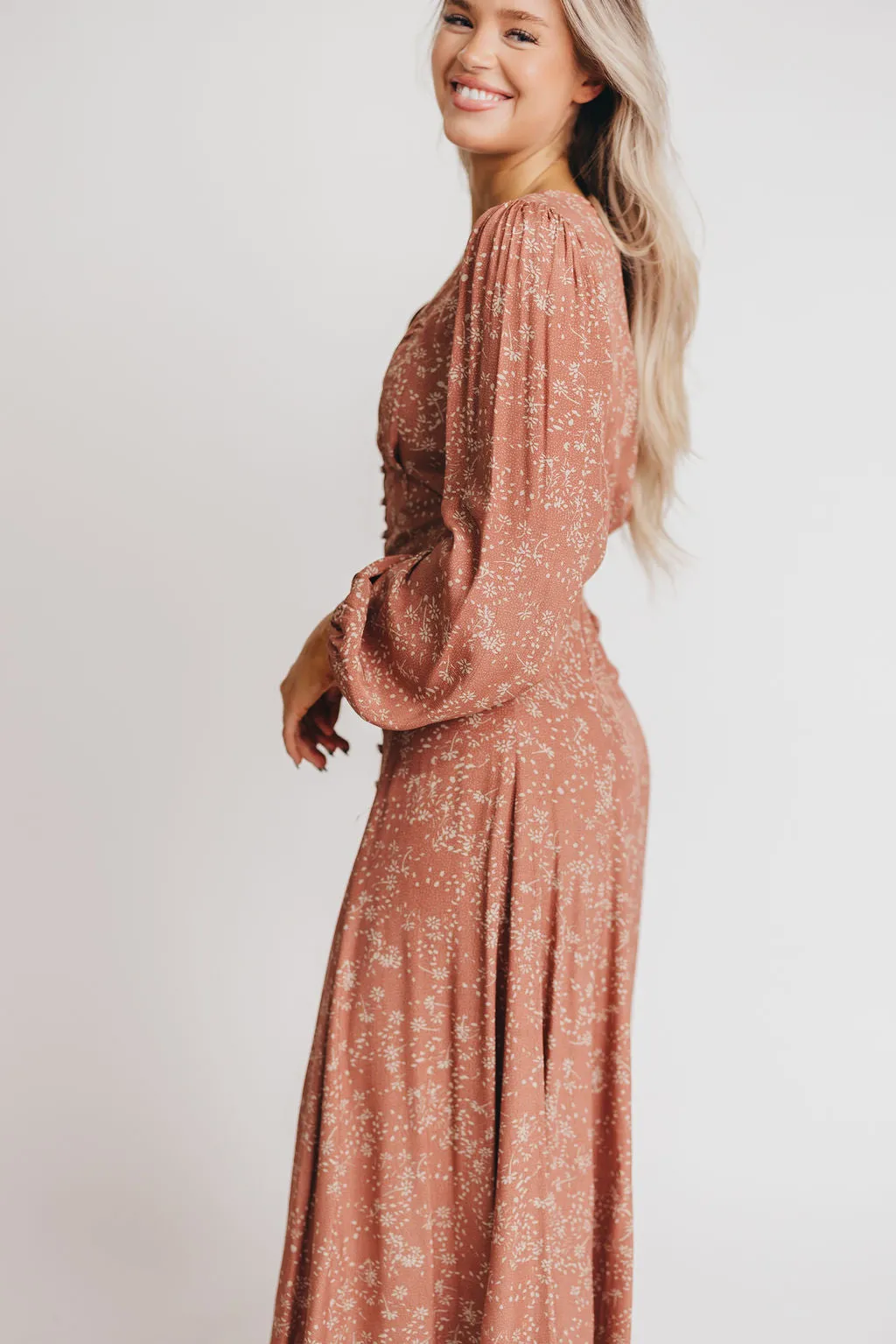 Brandi Long-Sleeve Button-Up Maxi Dress in Rosewood Floral