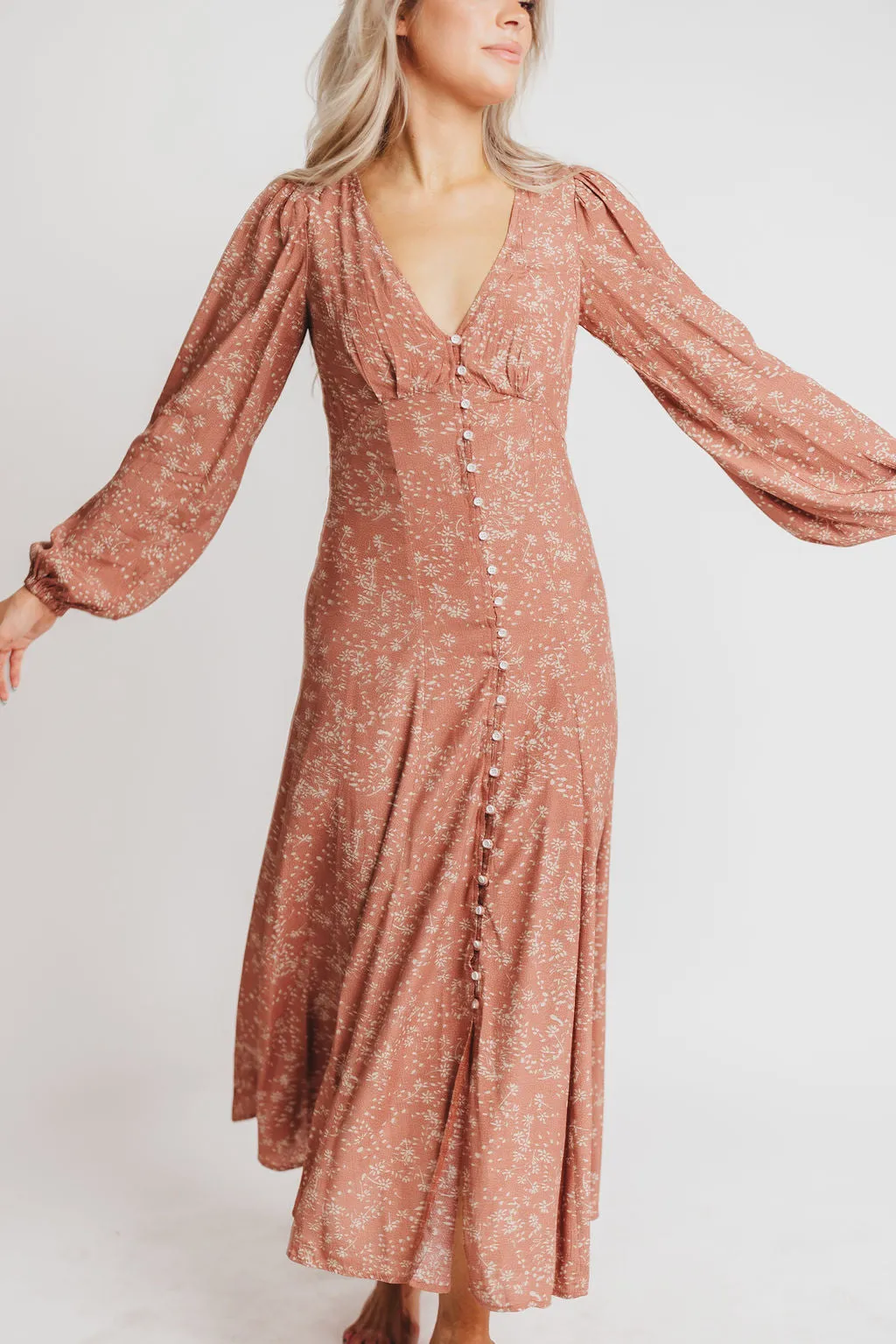 Brandi Long-Sleeve Button-Up Maxi Dress in Rosewood Floral