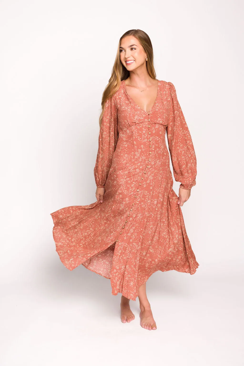 Brandi Long-Sleeve Button-Up Maxi Dress in Rosewood Floral