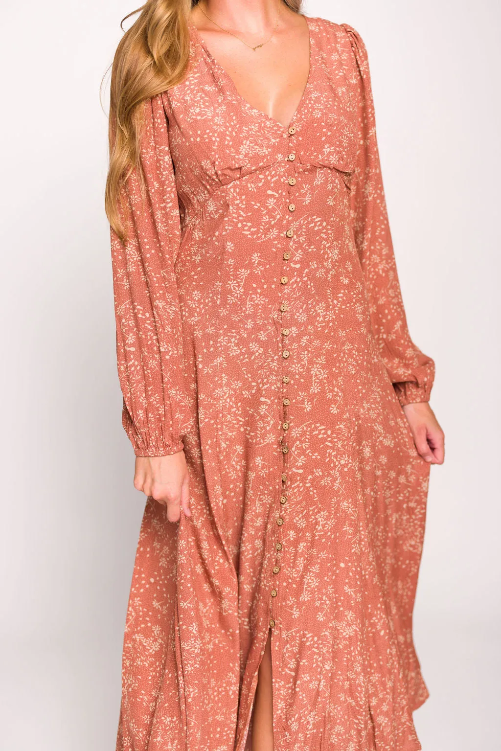 Brandi Long-Sleeve Button-Up Maxi Dress in Rosewood Floral