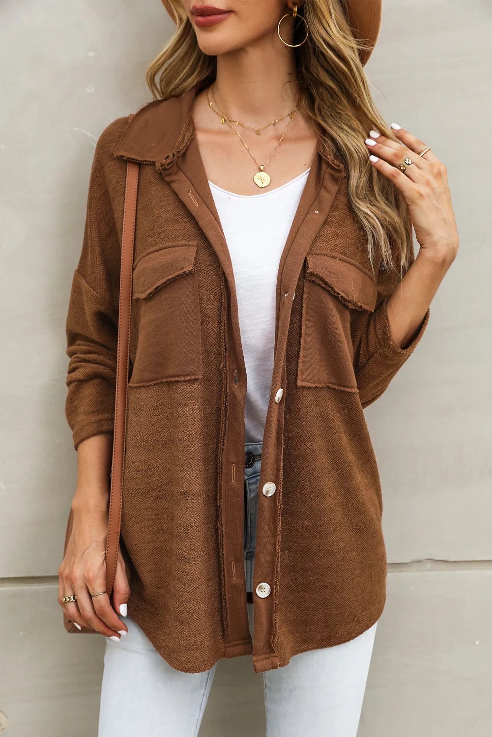 Brown Contrast Flap Pockets Relaxed Shacket