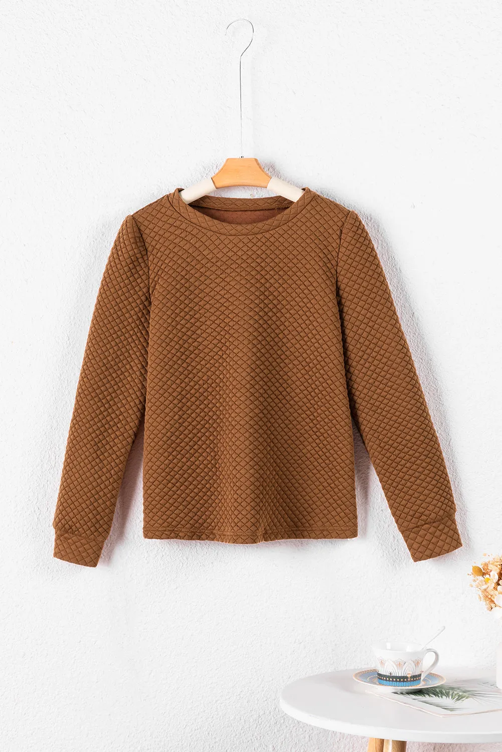 Brown Solid Color Quilted Puff Sleeve Pullover Sweatshirt