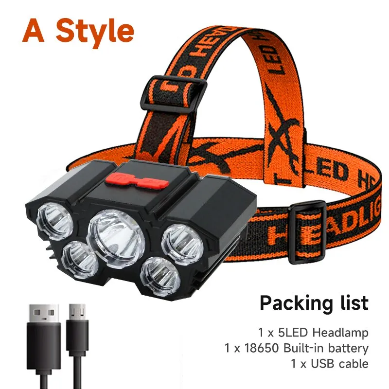 Built-in 5-LED 18650 Battery Rechargeable Headlamp Flashlight