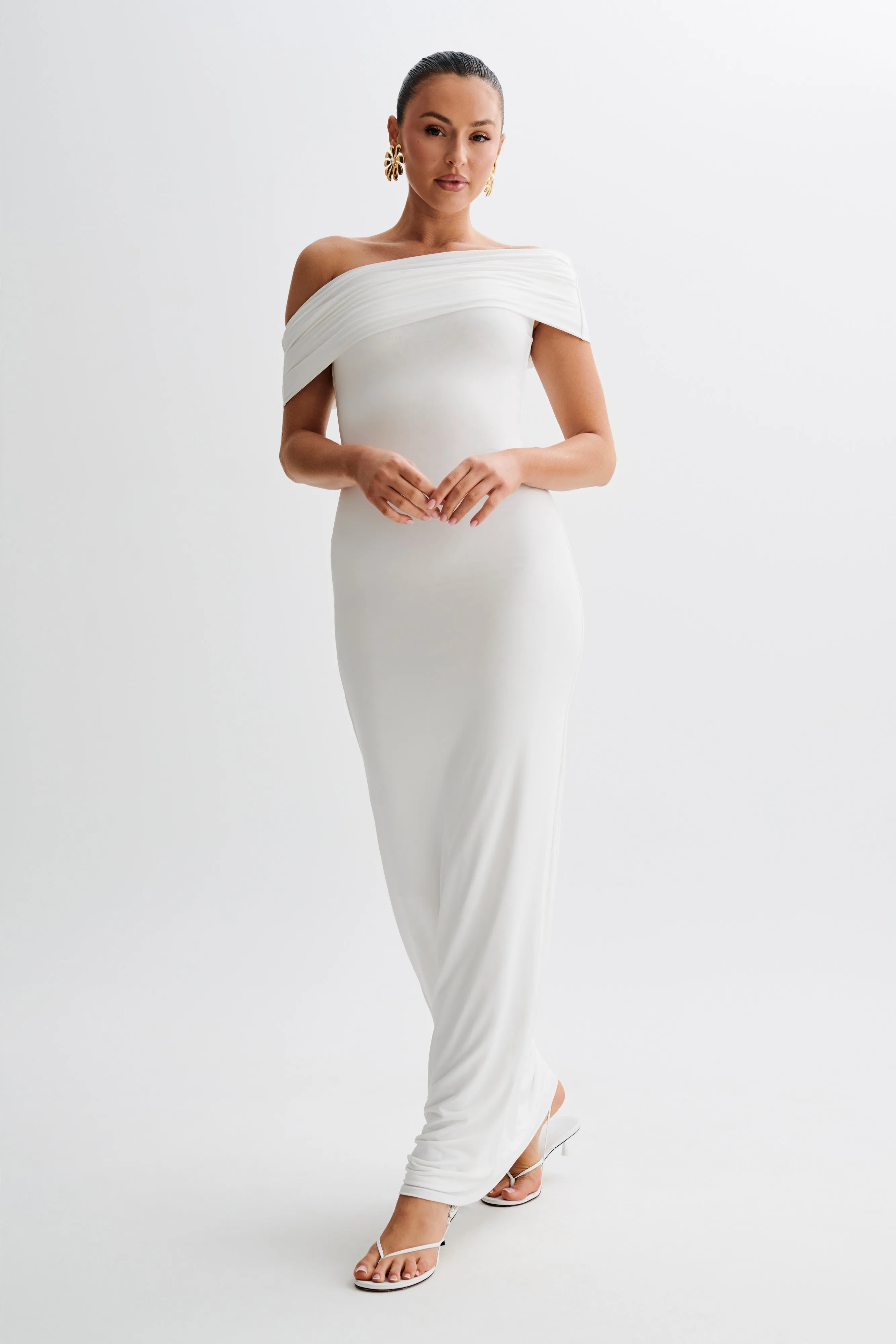 Cassandra Off Shoulder Slinky Maxi Dress - White