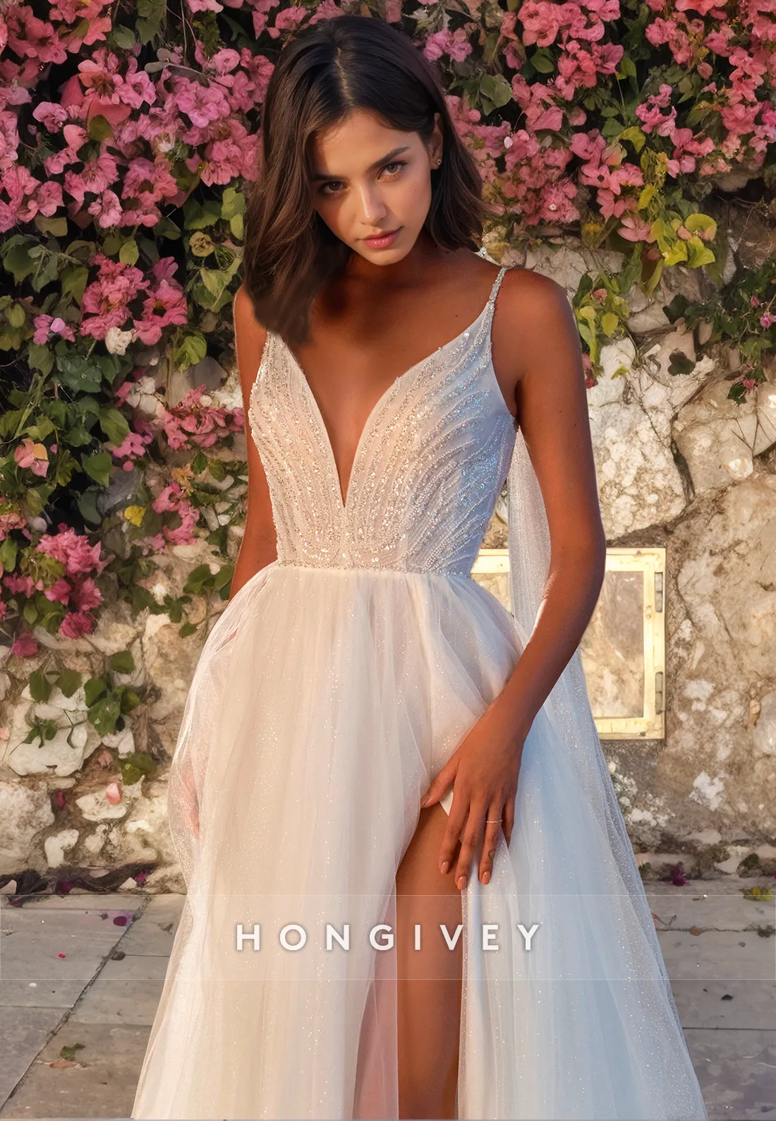 Casual A-Line V-Neck Sleeveless Beaded With Bolero Beach Wedding Dress