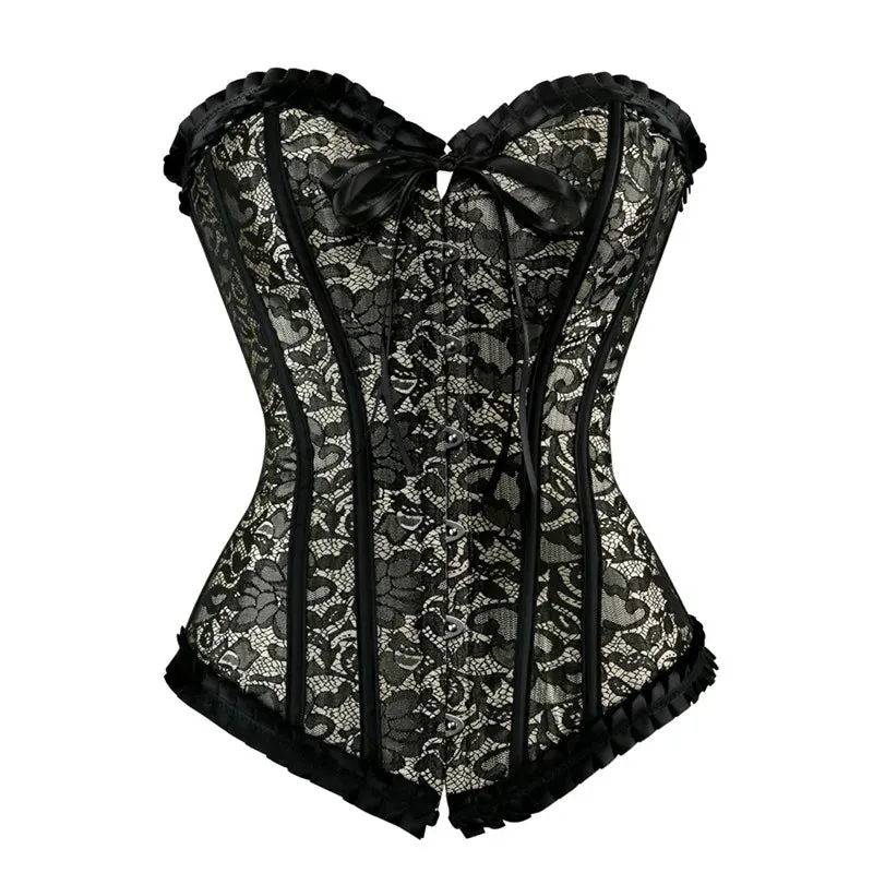 Caudutas Sexy Satin Floral Cincher Gothic Lace up Boned Overbust Corset Bustier Waist Trainer Corset Corselet Tops Plus Size 6xl