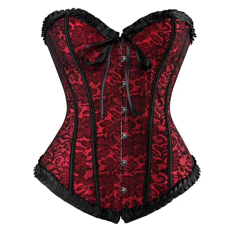 Caudutas Sexy Satin Floral Cincher Gothic Lace up Boned Overbust Corset Bustier Waist Trainer Corset Corselet Tops Plus Size 6xl