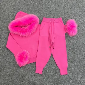 Childrens Hot Pink Luxury Fur Trim Hood & Cuff Tracksuit