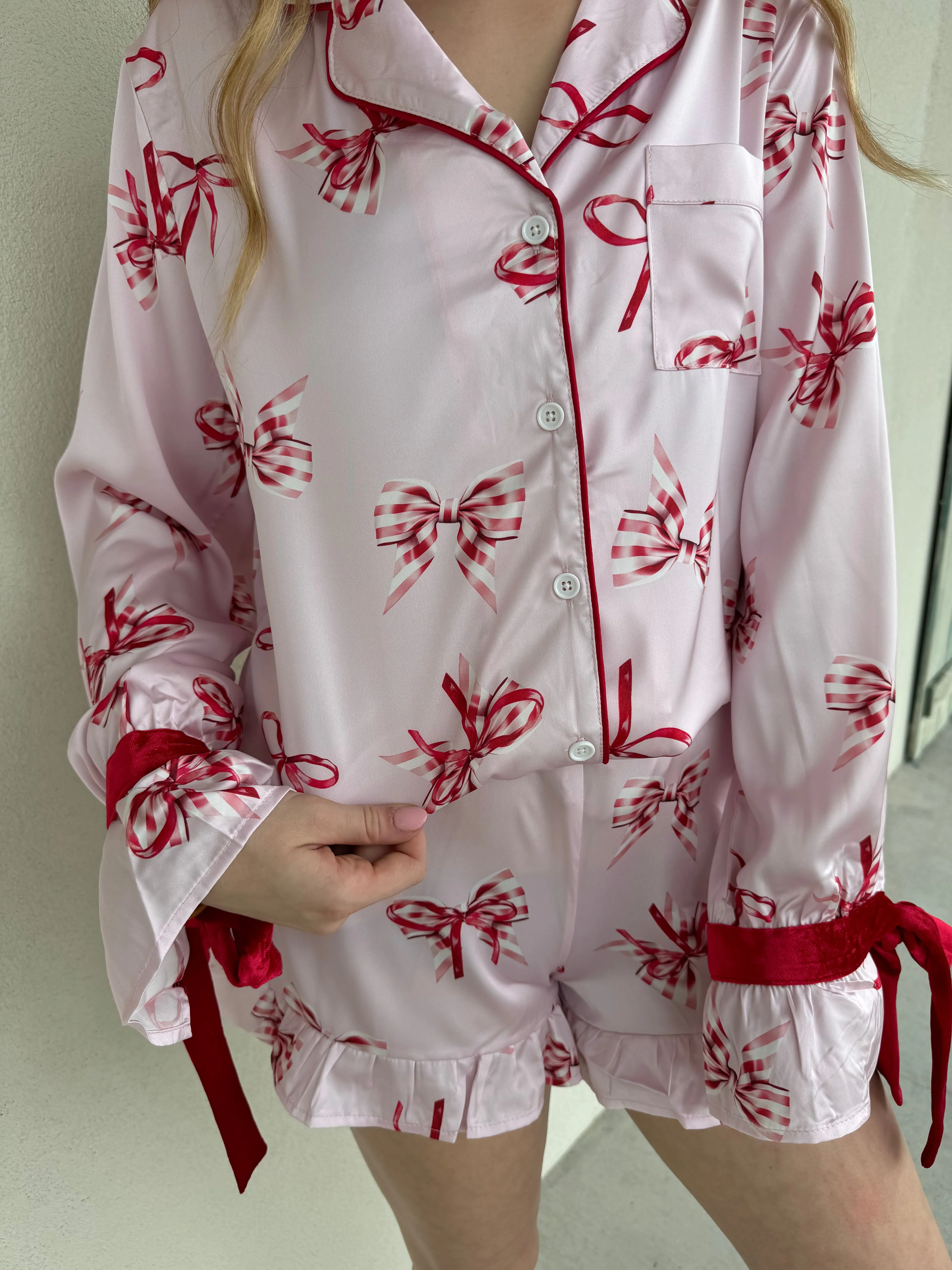 Christmas Long Sleeve Satin Bow Pajama Set