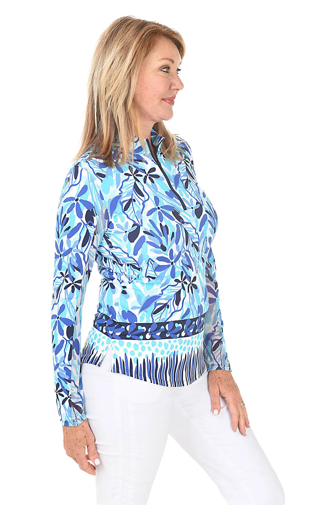 Cobalt Leaves UPF50  Mock Neck Top