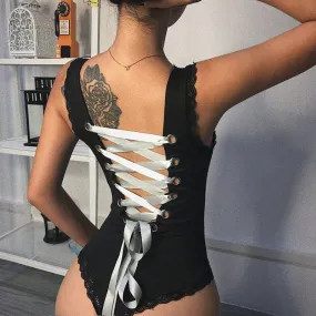 'Cursed' Black and White Bodysuit with Lace up Back