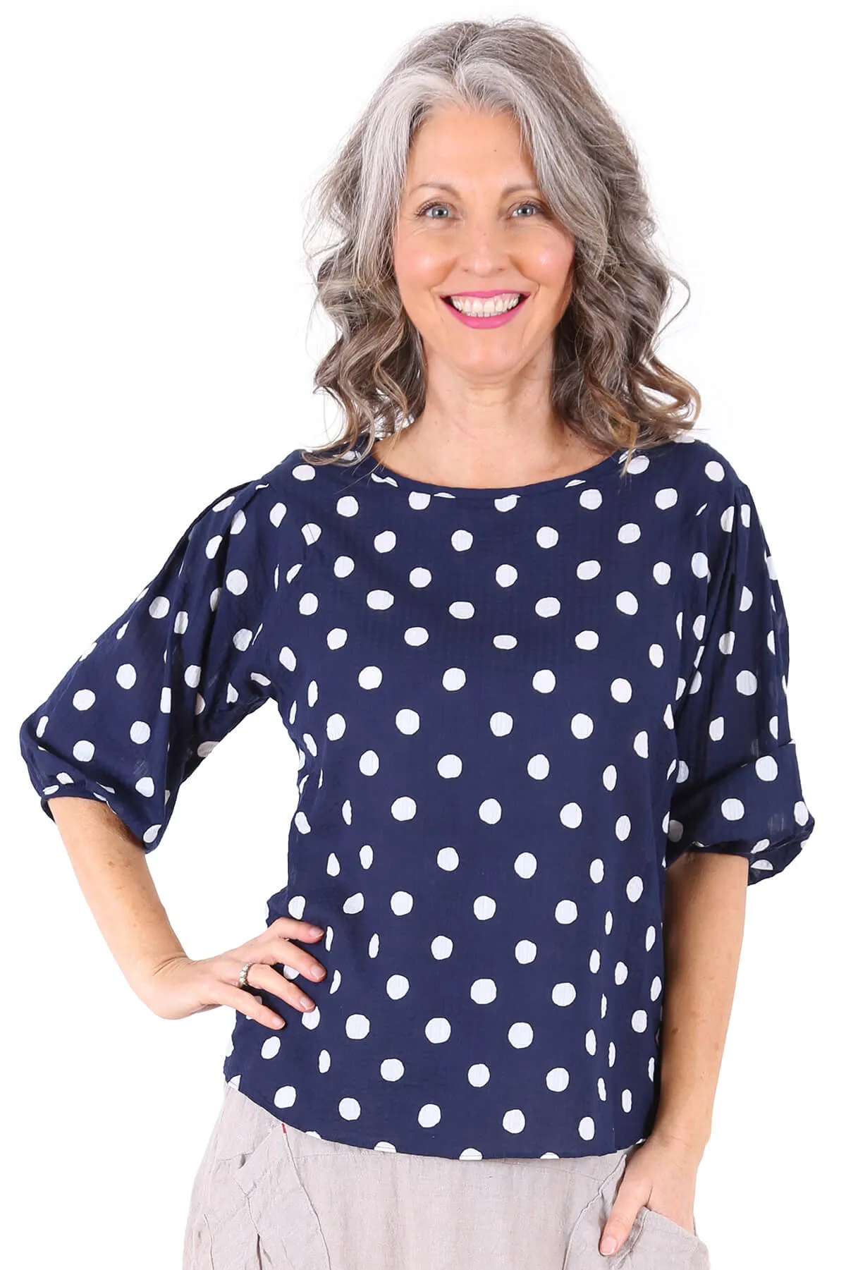 Cyan Spot Blouse Navy in Seersucker