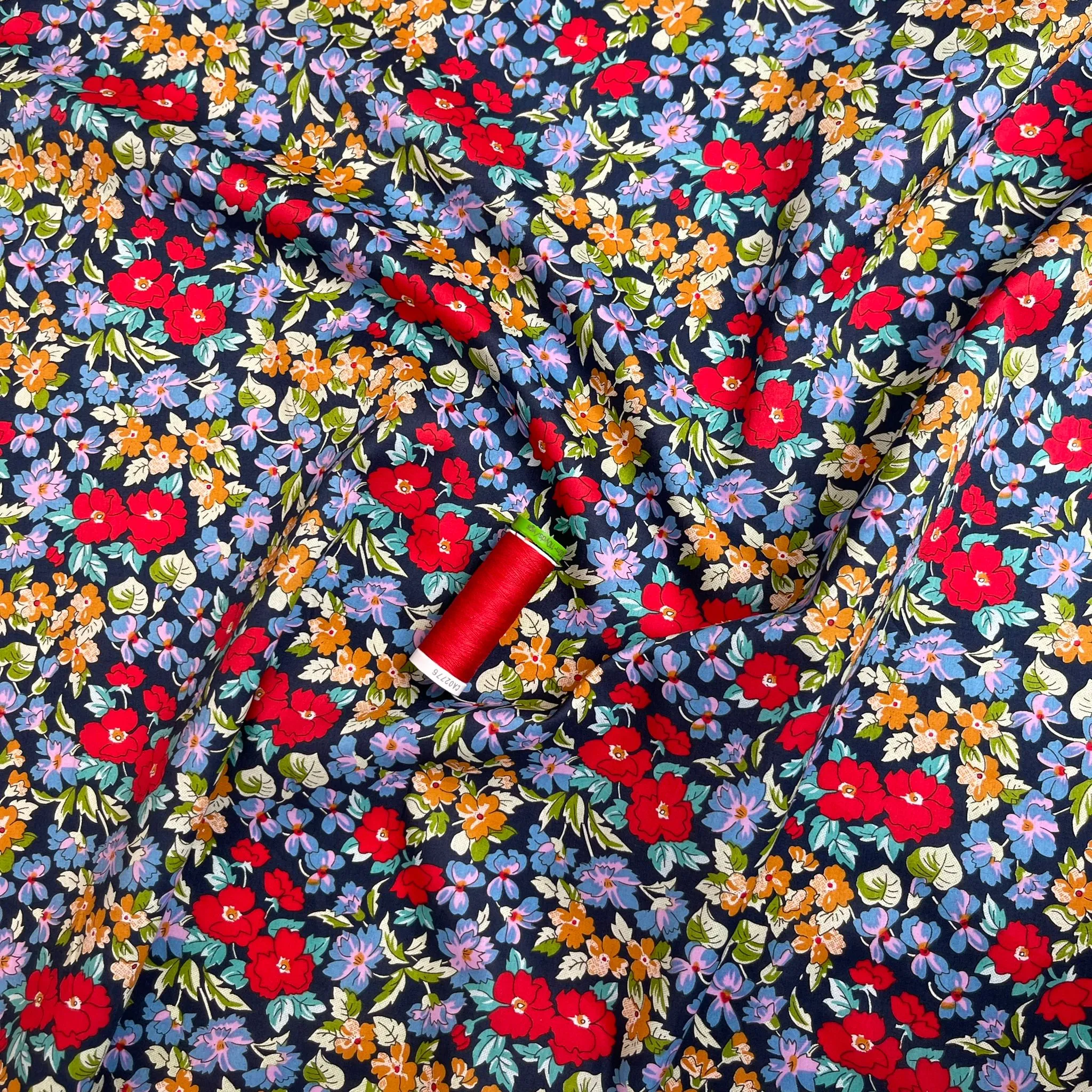 Ditsy Cottage Flowers Dark Blue Cotton Lawn Fabric