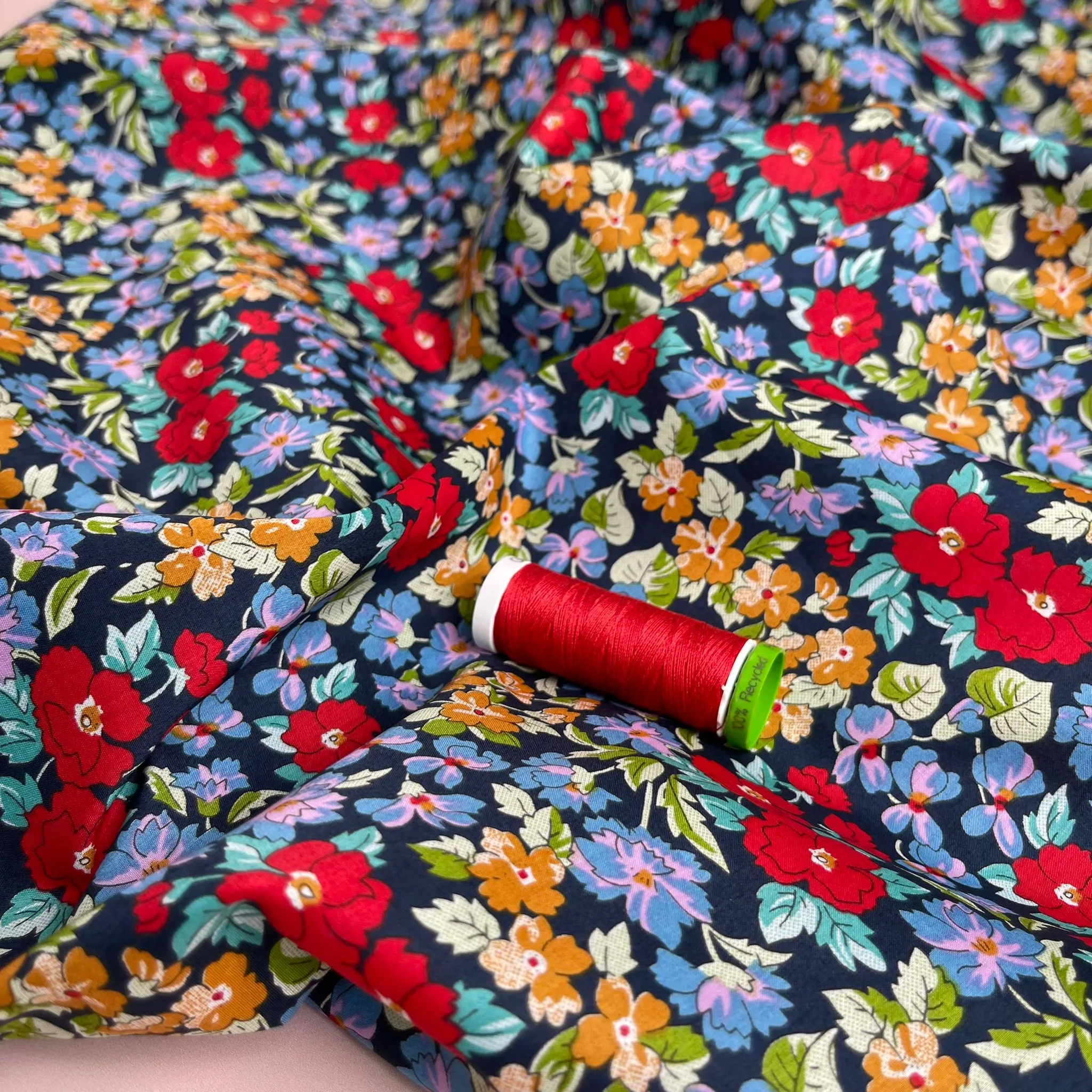 Ditsy Cottage Flowers Dark Blue Cotton Lawn Fabric