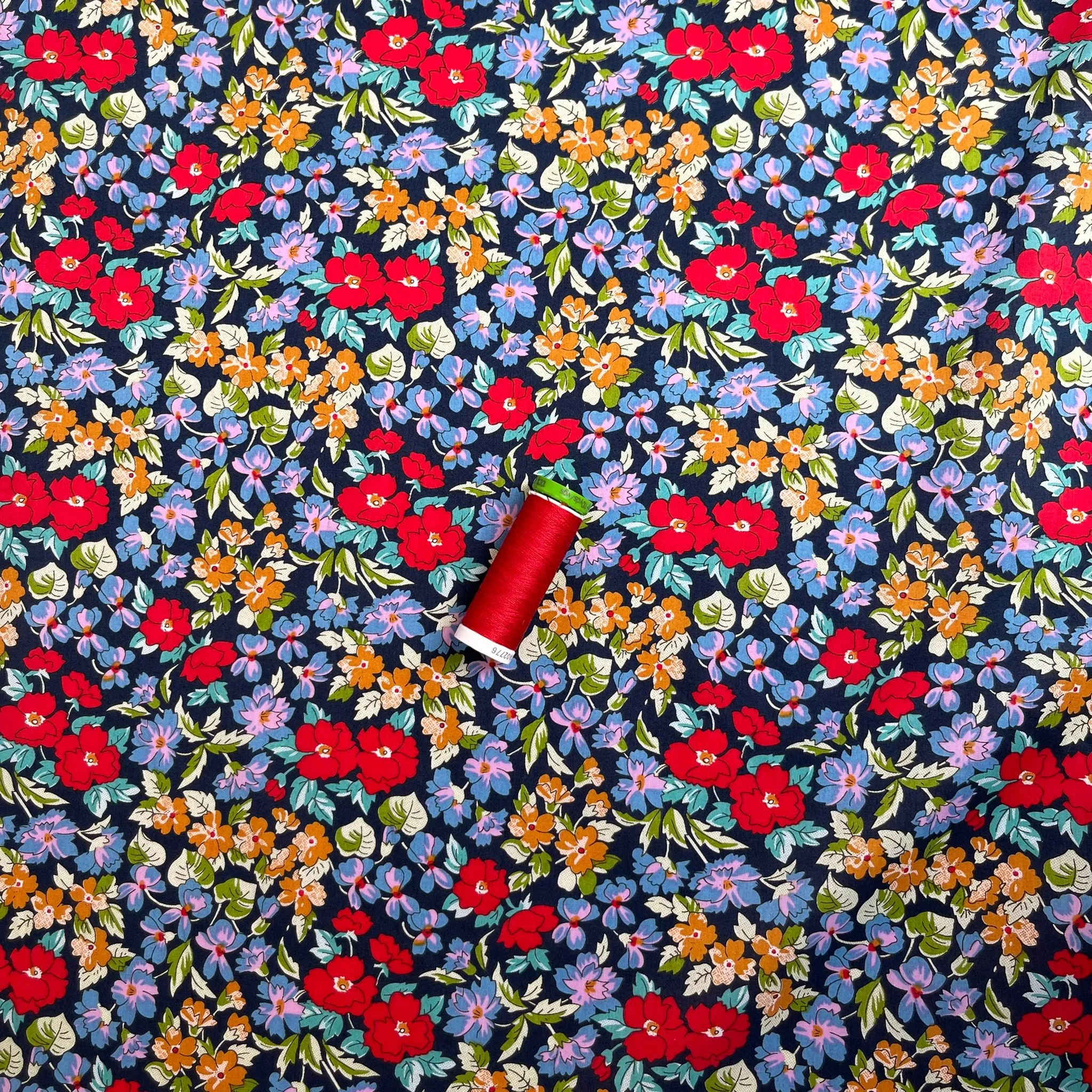 Ditsy Cottage Flowers Dark Blue Cotton Lawn Fabric