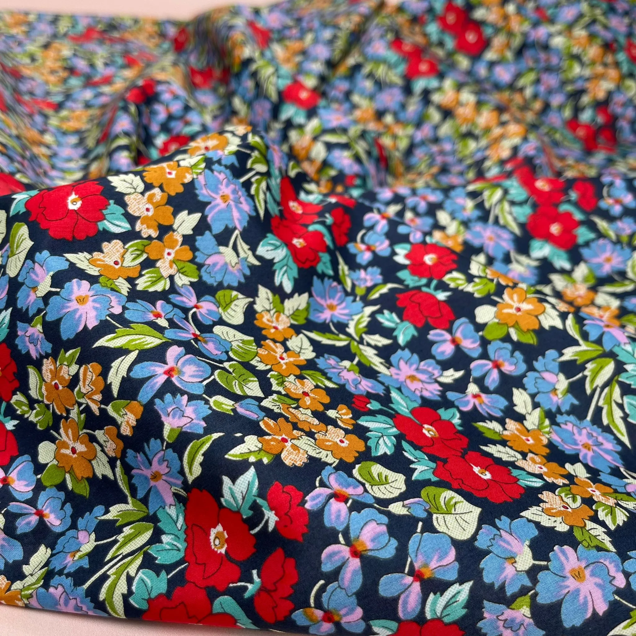 Ditsy Cottage Flowers Dark Blue Cotton Lawn Fabric