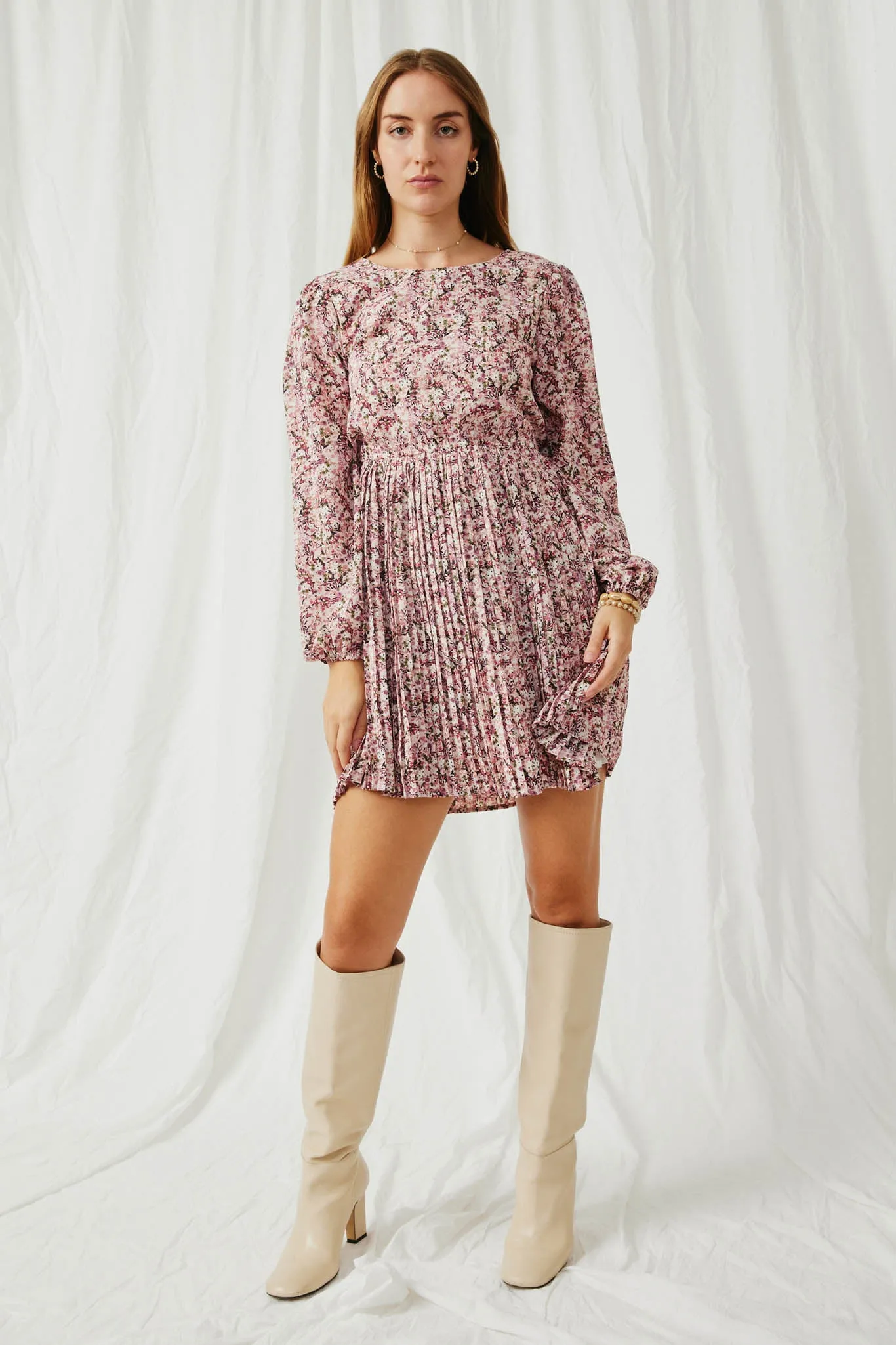 Ditsy Floral Long Sleeve Pleated Skirt Dress