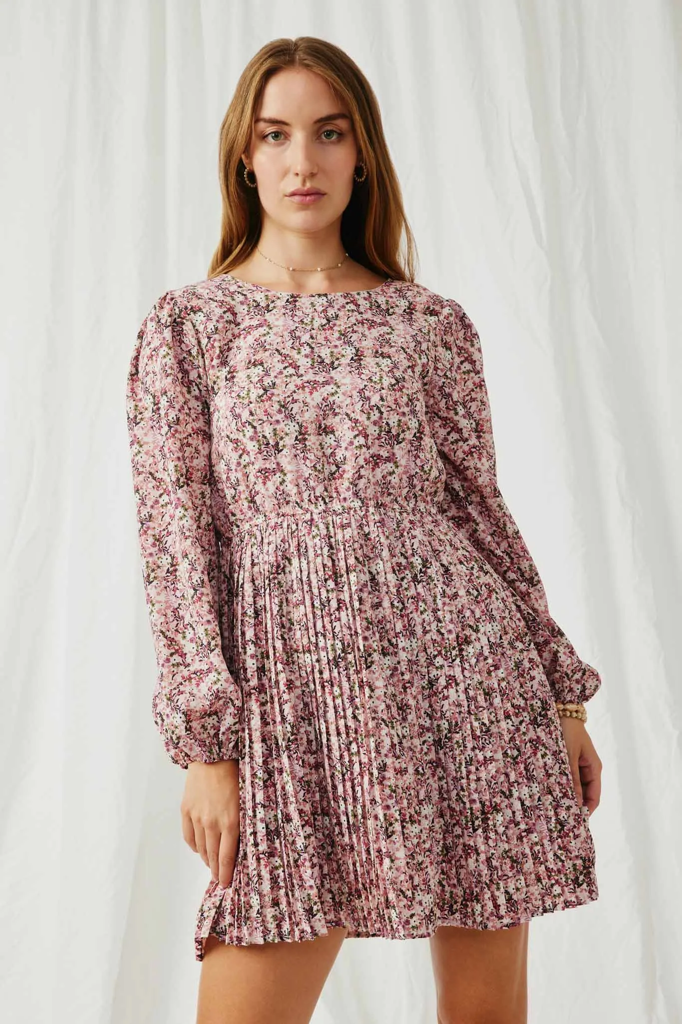 Ditsy Floral Long Sleeve Pleated Skirt Dress