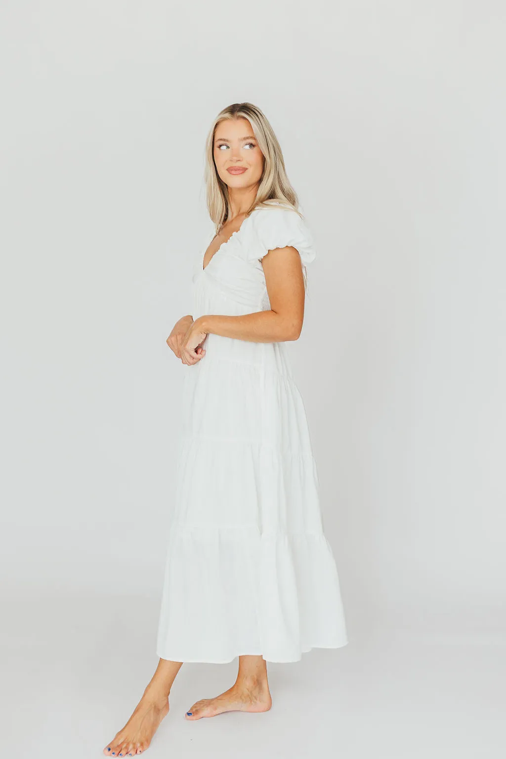 Drew Bubble Sleeve Midi Dress in White