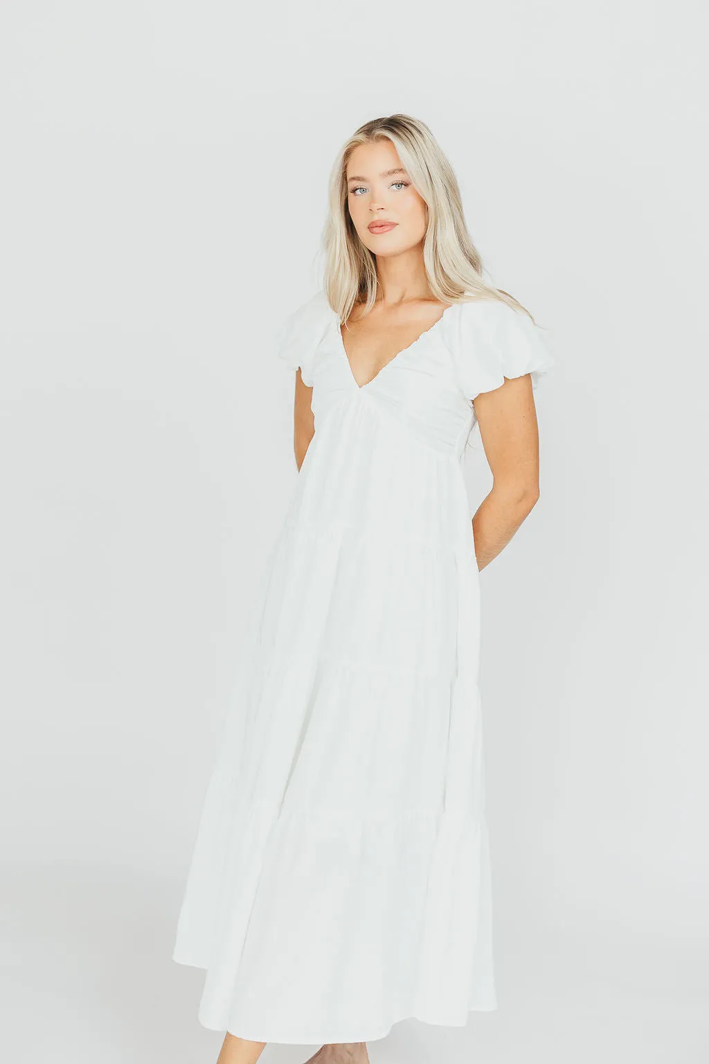 Drew Bubble Sleeve Midi Dress in White