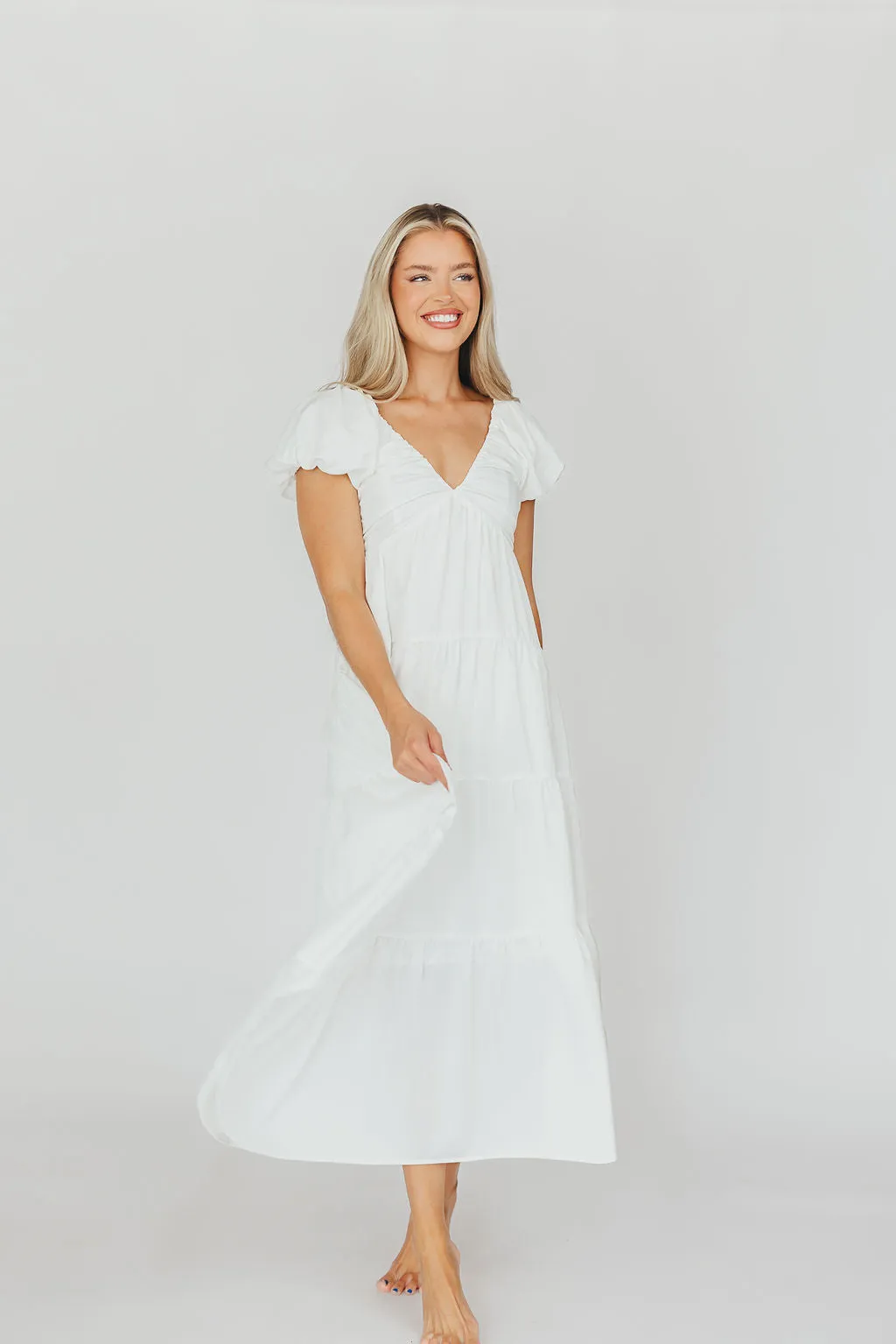 Drew Bubble Sleeve Midi Dress in White