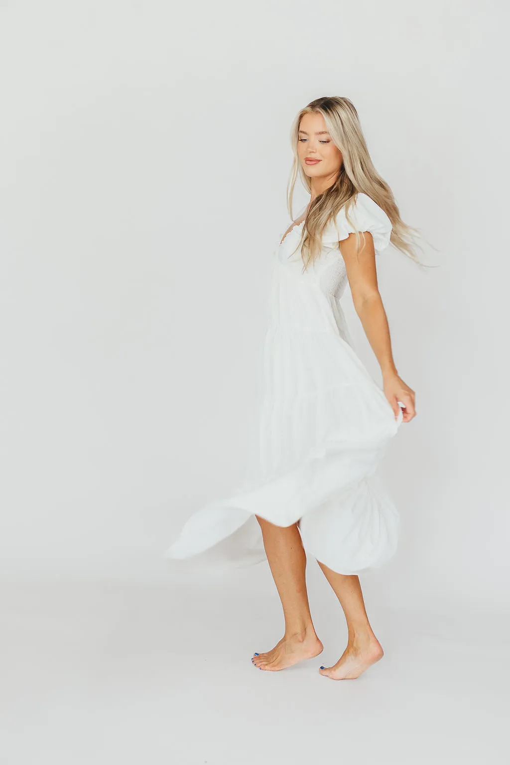 Drew Bubble Sleeve Midi Dress in White