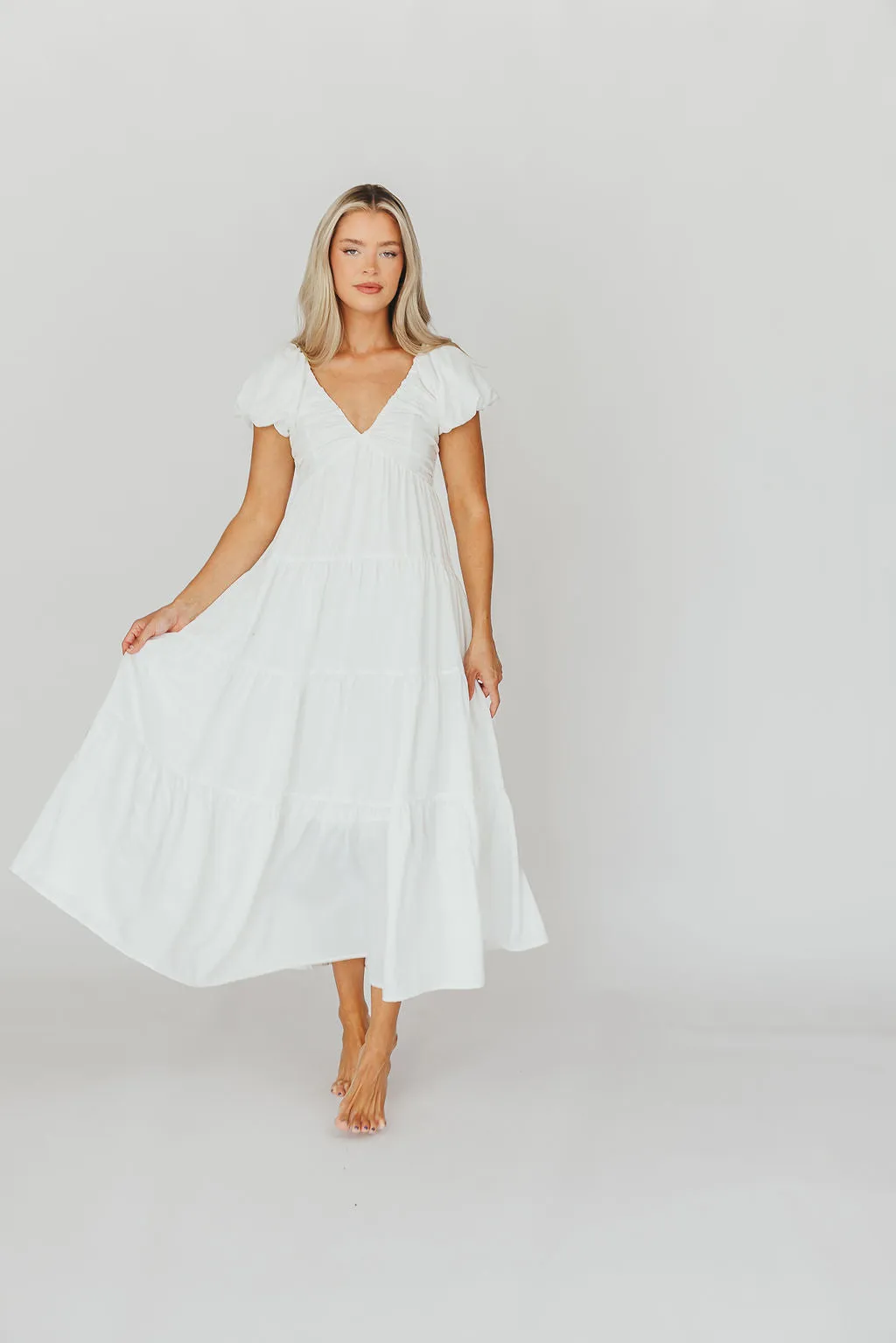 Drew Bubble Sleeve Midi Dress in White