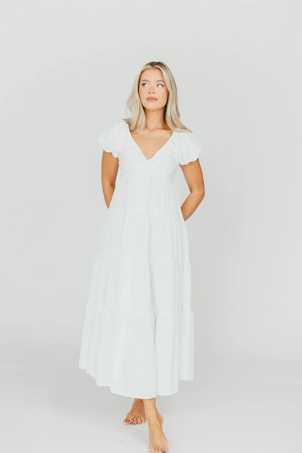 Drew Bubble Sleeve Midi Dress in White