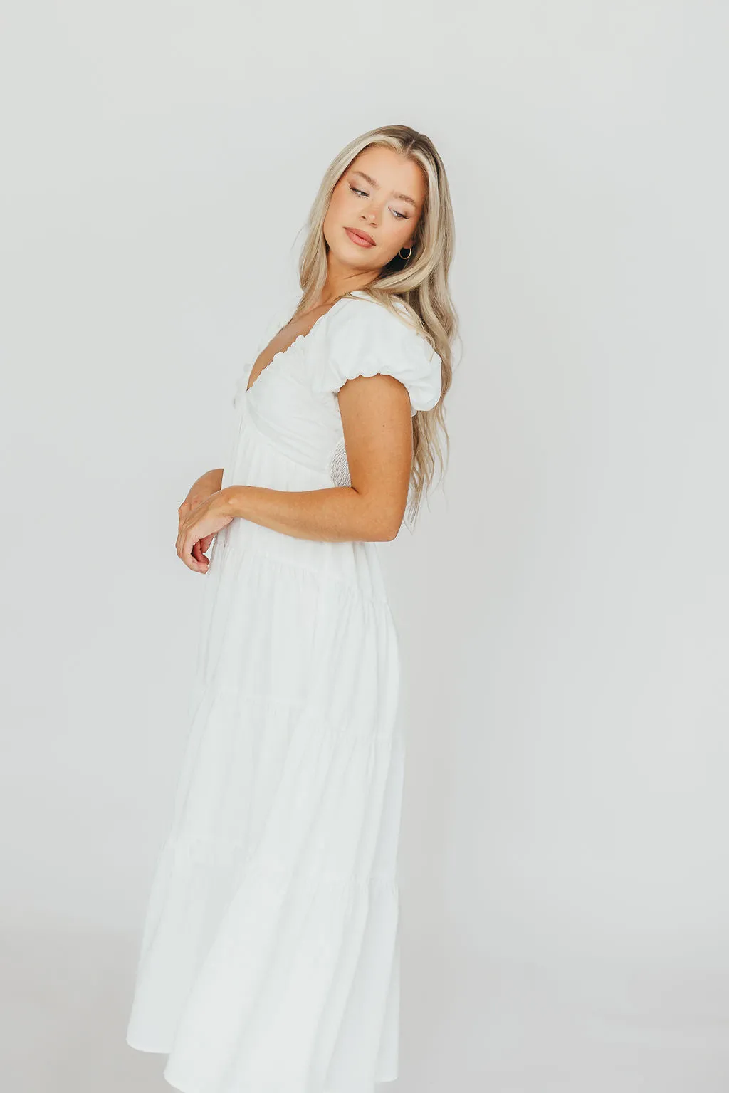 Drew Bubble Sleeve Midi Dress in White