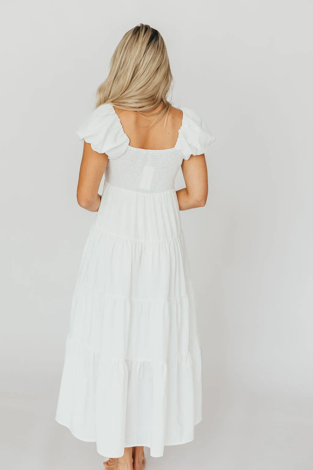 Drew Bubble Sleeve Midi Dress in White