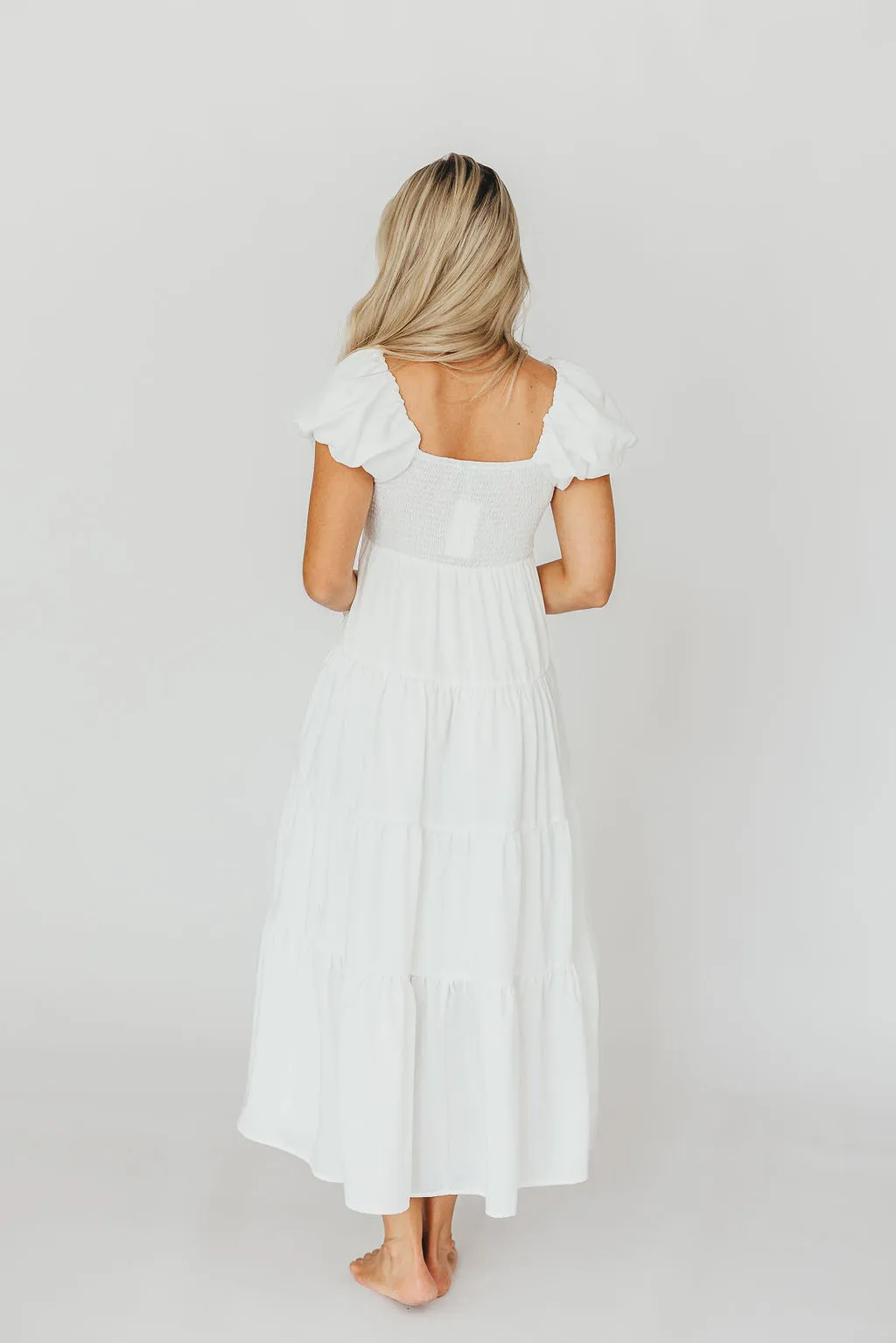 Drew Bubble Sleeve Midi Dress in White