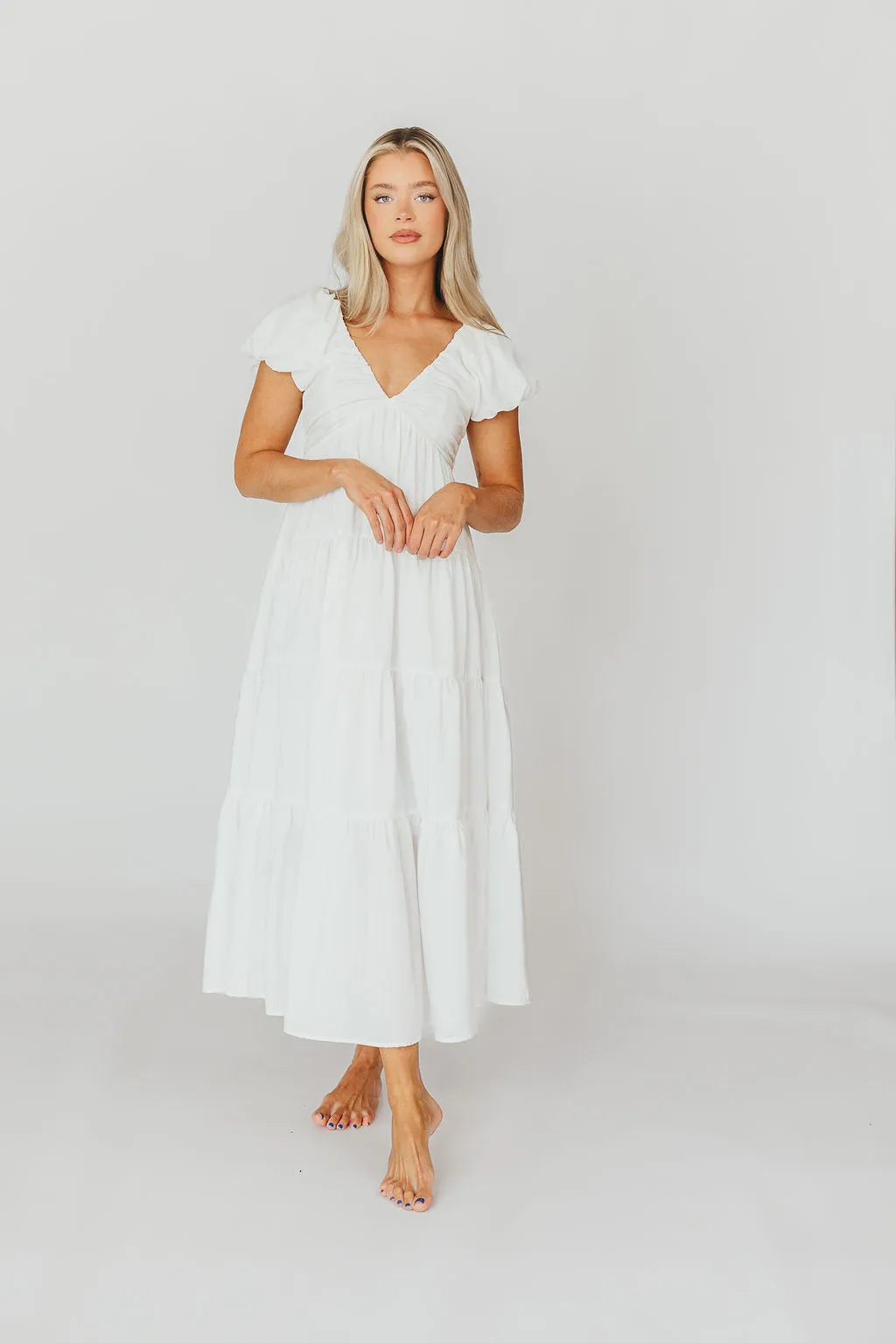 Drew Bubble Sleeve Midi Dress in White