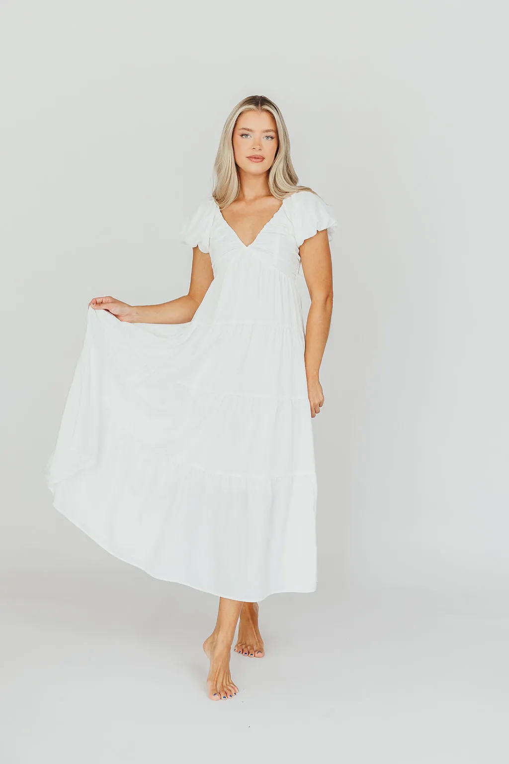 Drew Bubble Sleeve Midi Dress in White