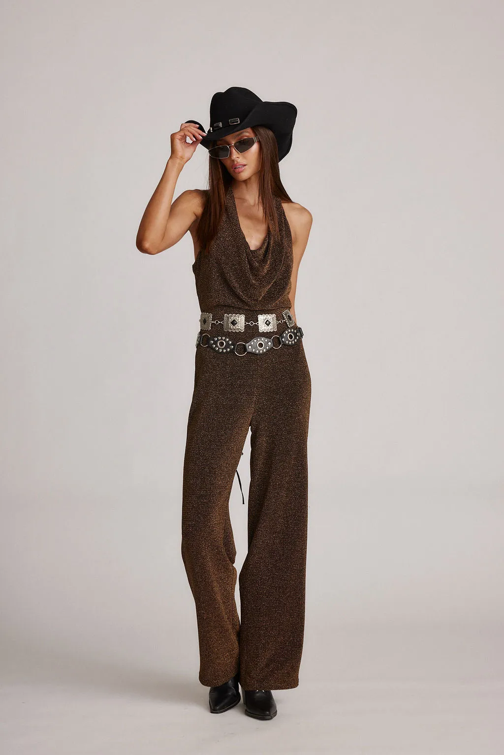 Dynasty Gold Shimmer Cowl Jumpsuit