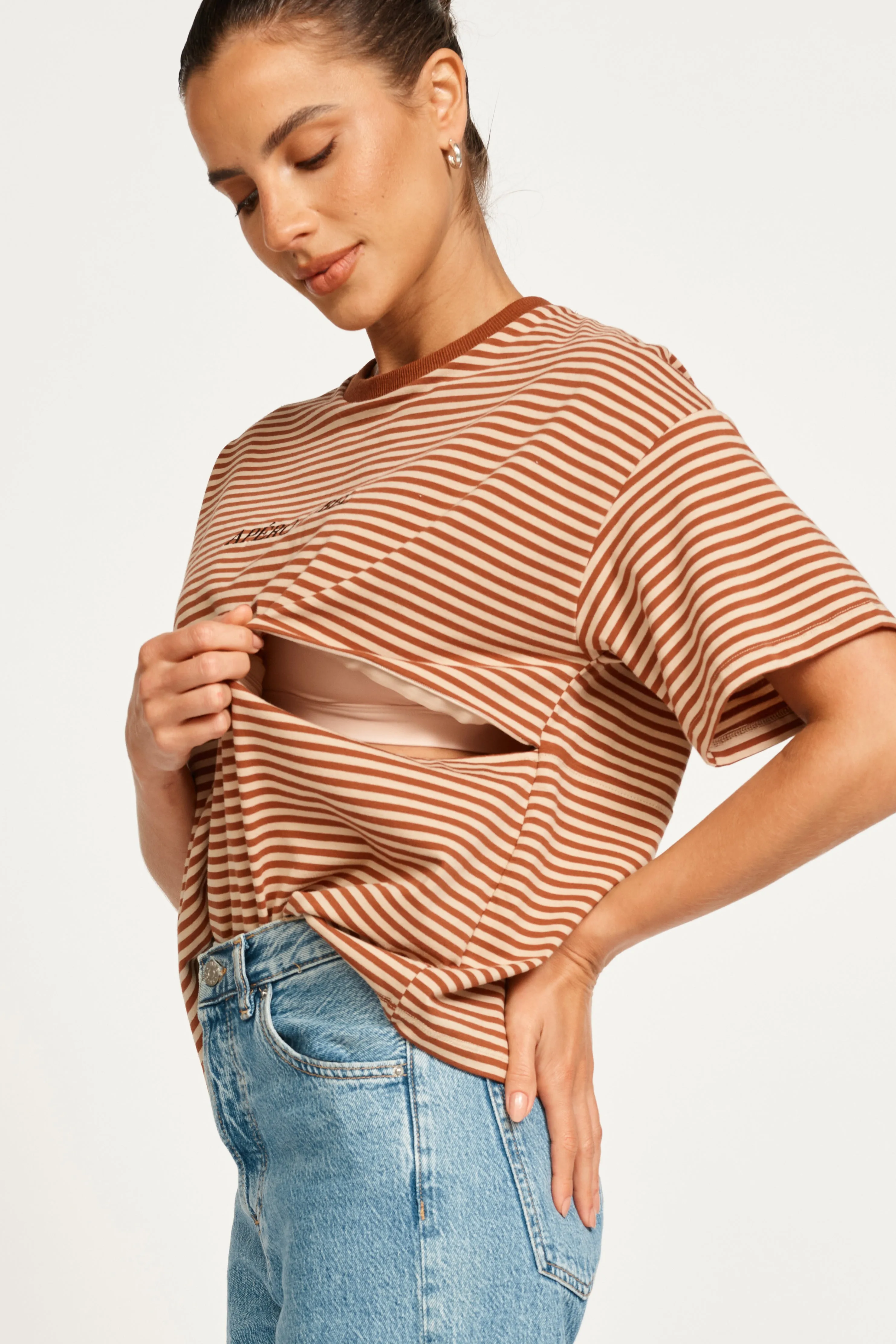 Era Drop-Shoulder Cropped Tee - Brown / Tan Stripe