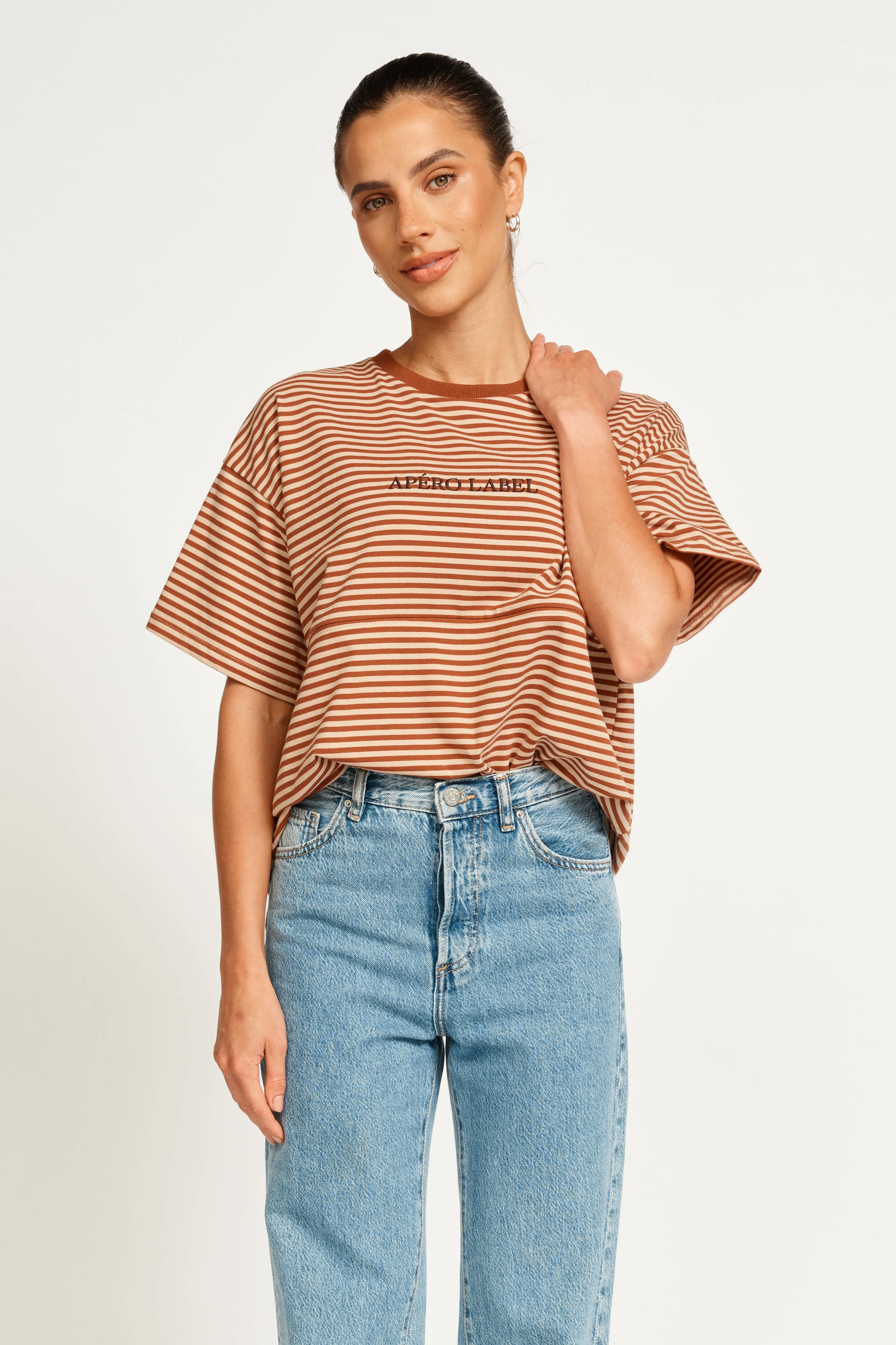 Era Drop-Shoulder Cropped Tee - Brown / Tan Stripe