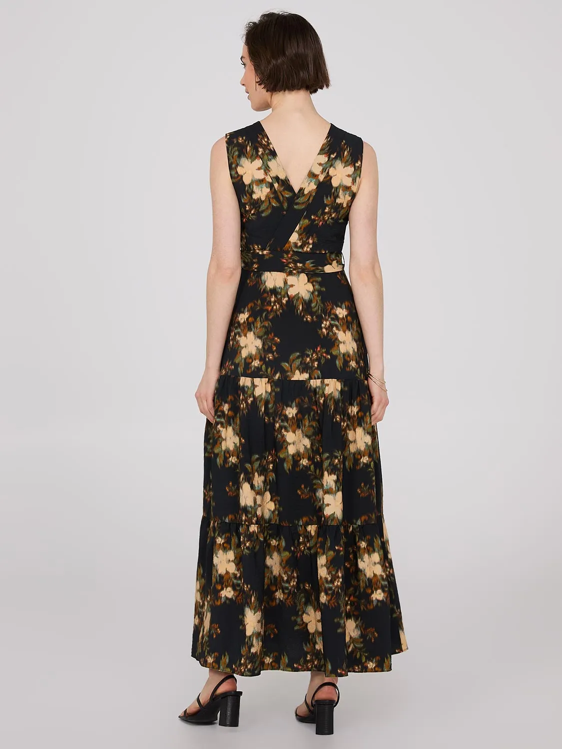 Floral Print Cross-Front Satin Tiered Maxi Dress