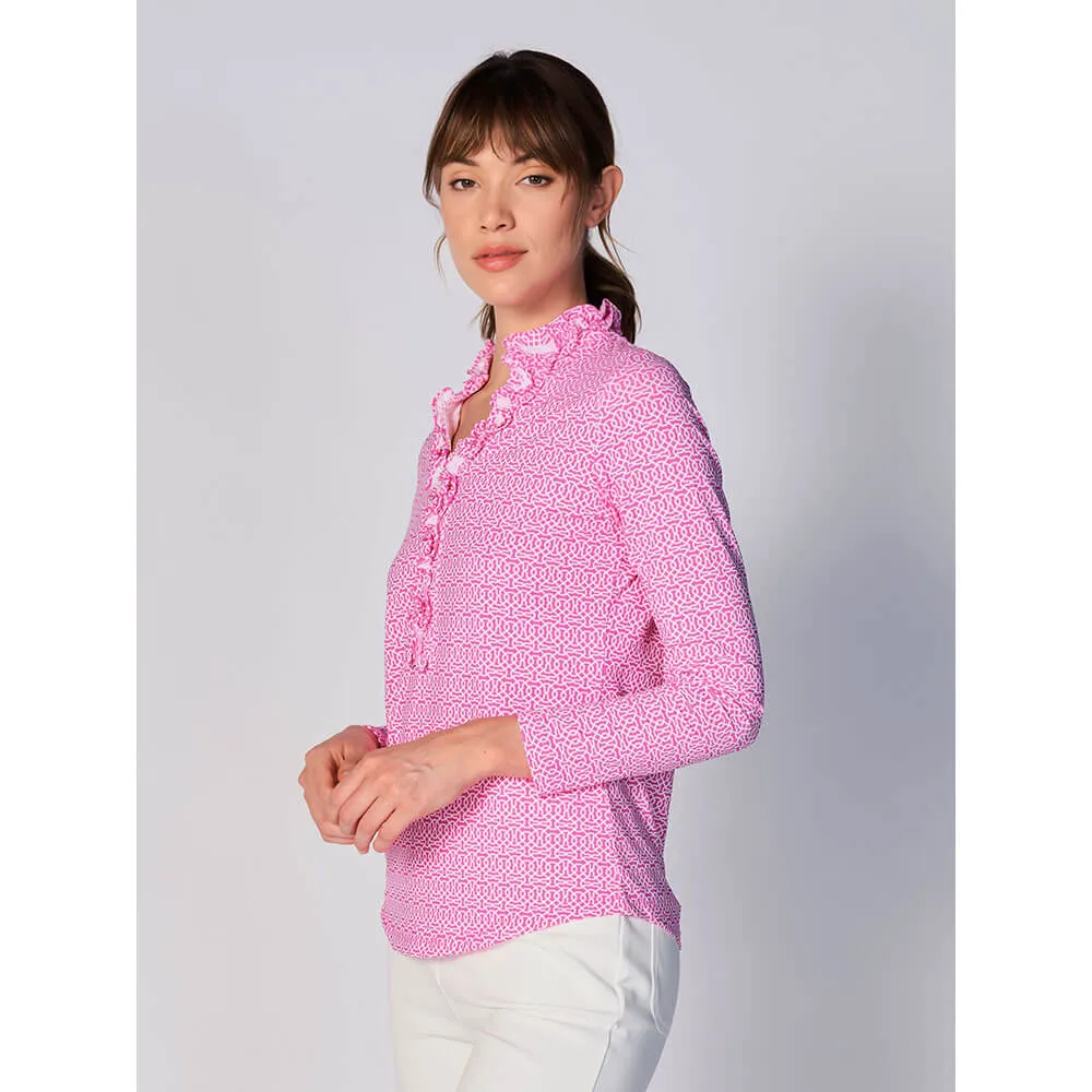 G Lifestyle Cubic Long Sleeve Double Ruffle Top - Hot Pink