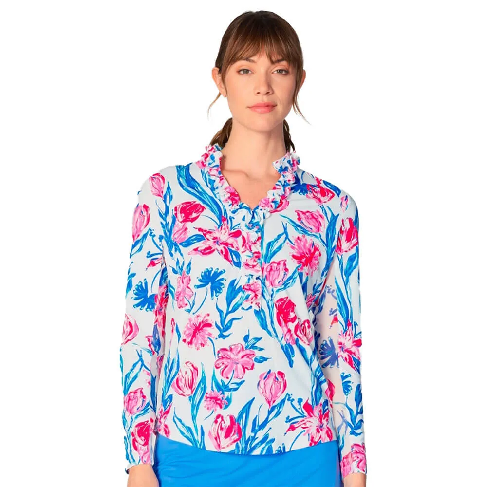 G Lifestyle Print Long Sleeve Double Ruffle Top - Tulip