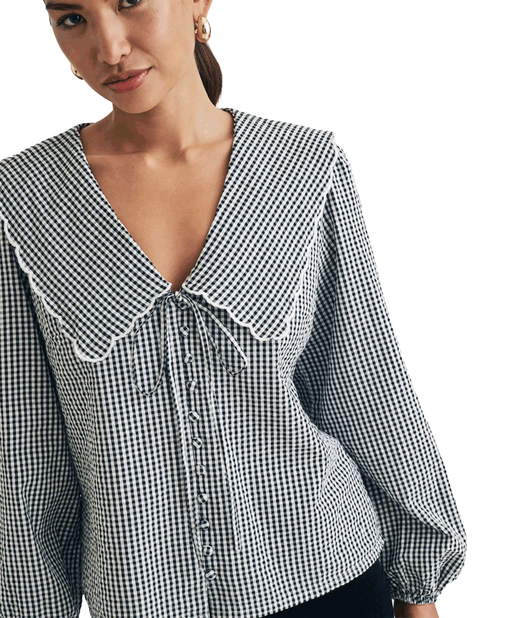 Gingham Long Sleeve Birdie Blouse - Black