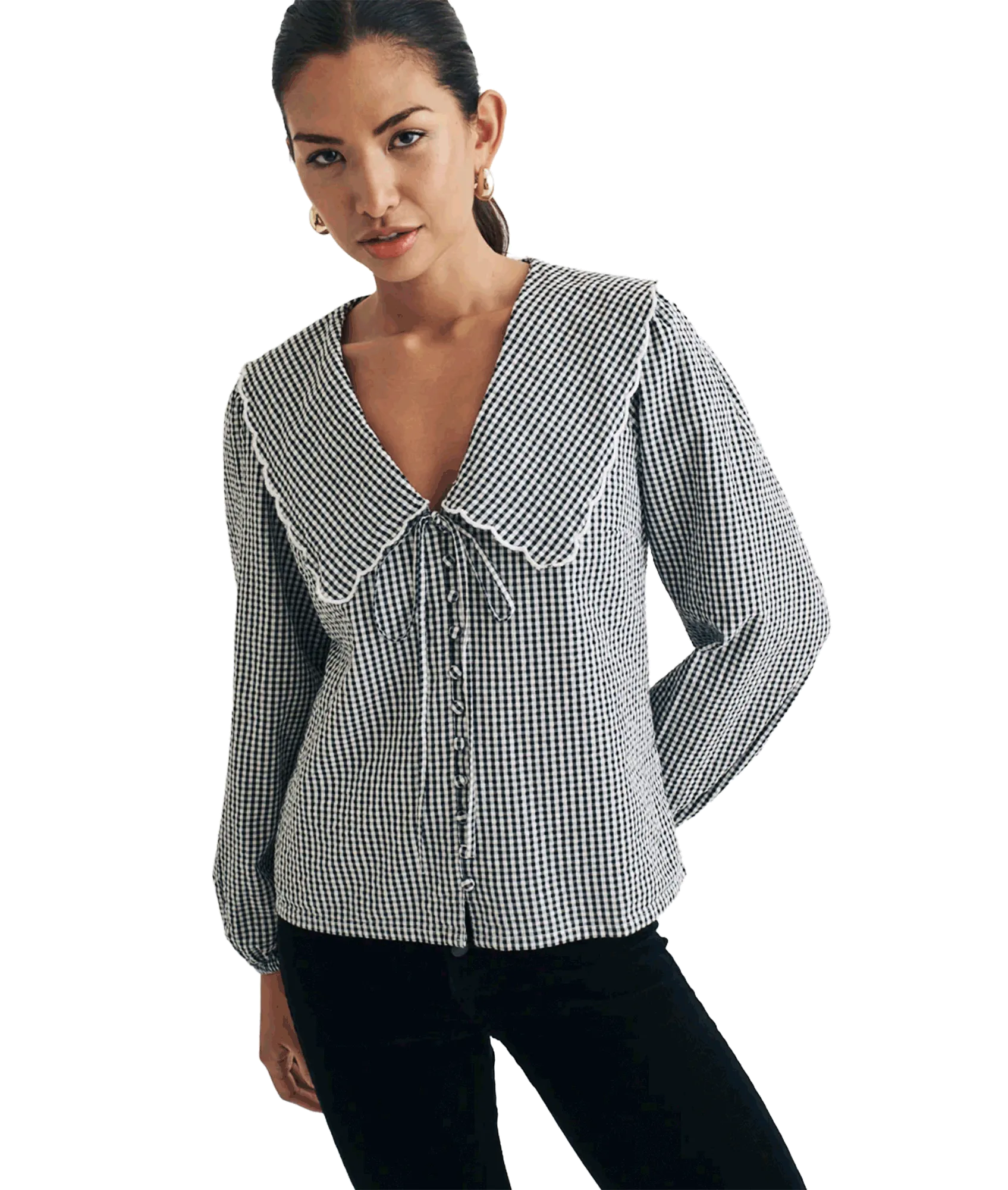 Gingham Long Sleeve Birdie Blouse - Black