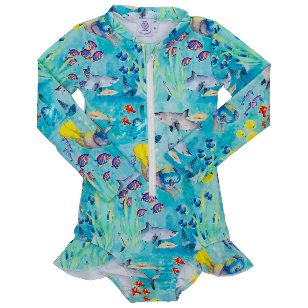 Great Barrier Reef Girls Long Sleeve Zip Swimmers