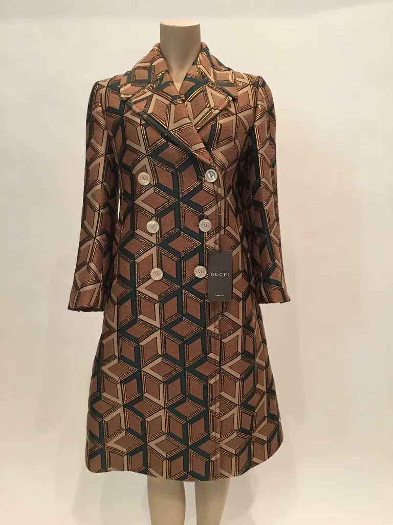 Gucci Geometric Copper and Tan Double Breasted Wool Coat