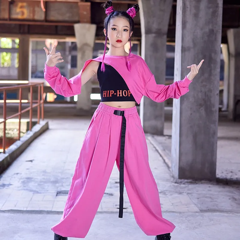 HH9495  Crop Tops- Pants-Sets- Pink -K-pop Hip-Hop Performance Outfits