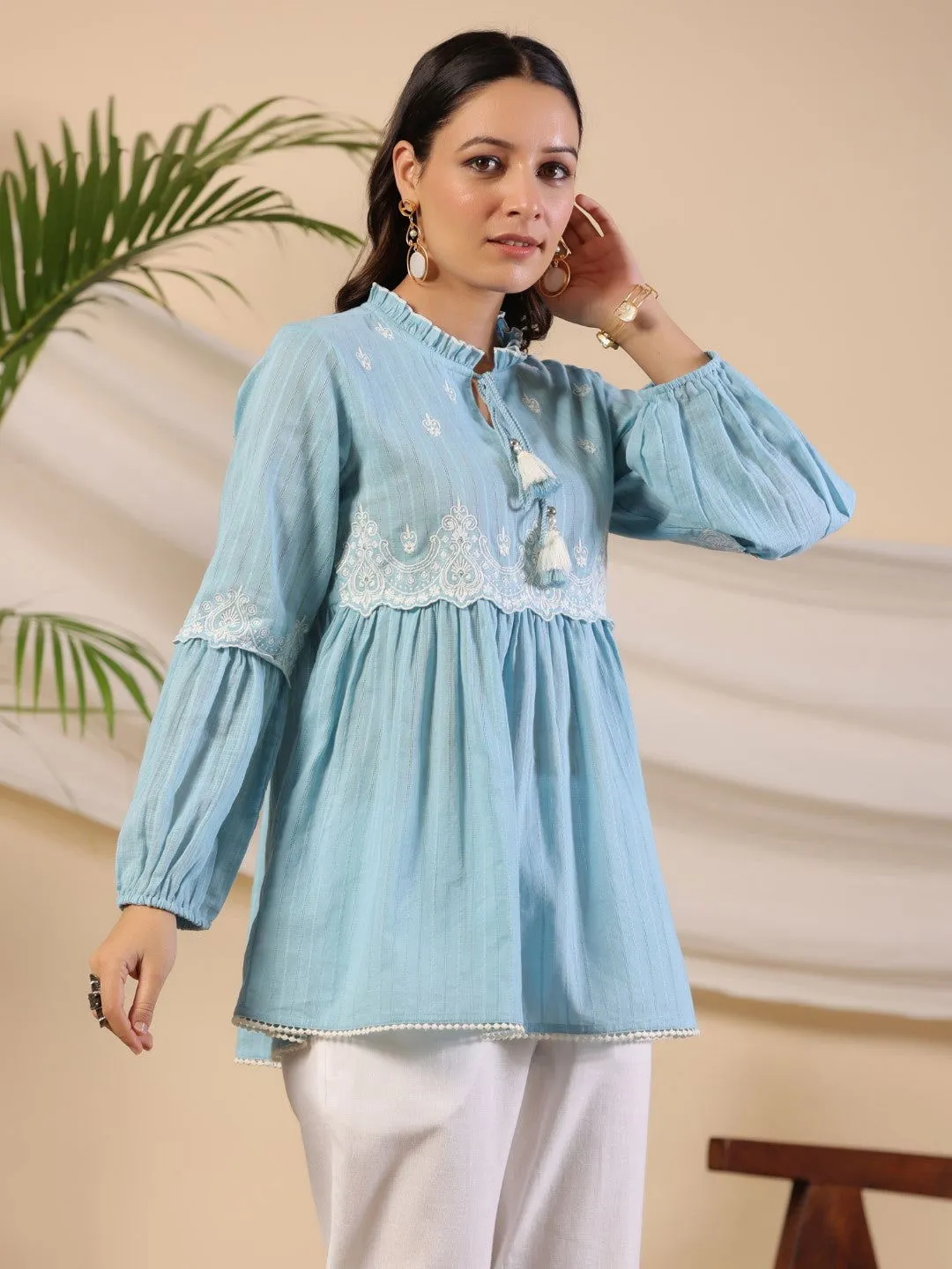 Juniper Blue Ethnic motif Cotton Dobby Tunic with the thread embroidery