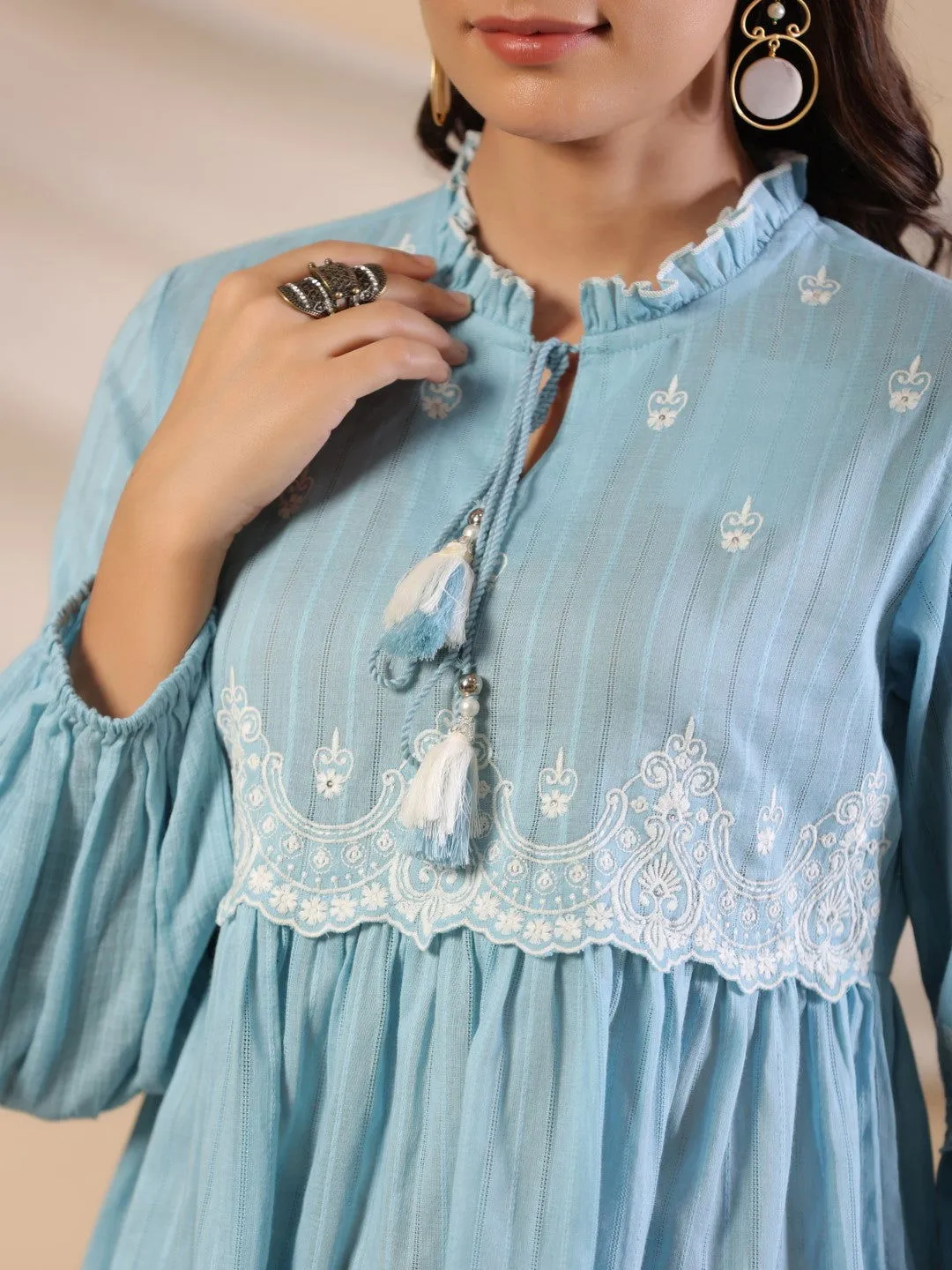 Juniper Blue Ethnic motif Cotton Dobby Tunic with the thread embroidery