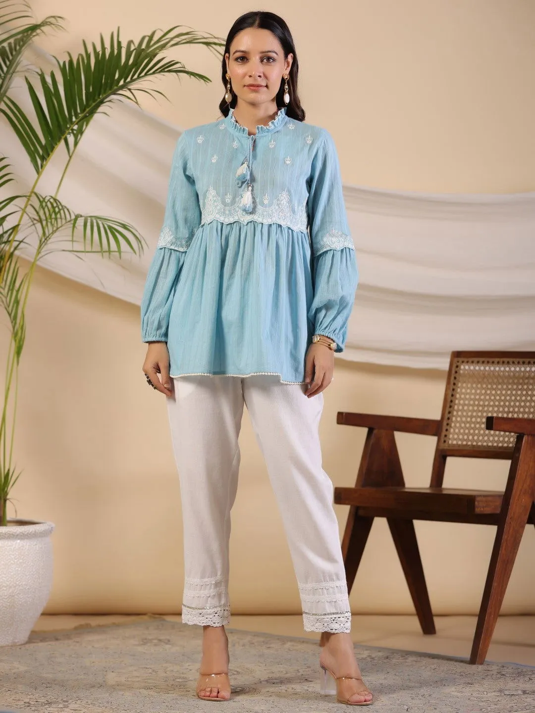 Juniper Blue Ethnic motif Cotton Dobby Tunic with the thread embroidery